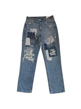 American Eagle Jeans Womans 10 X-Long Blue Mom Straight Jean Patchwork Stretch